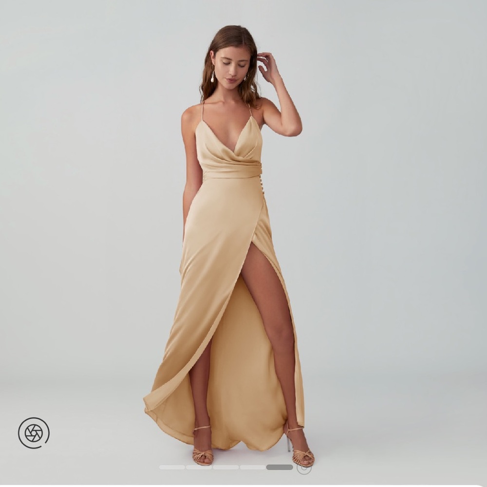 Fame and Partners Gold Satin Cowl Neck Wrap Gown